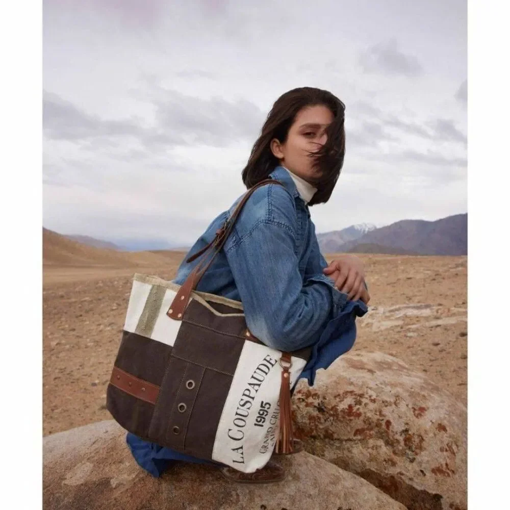 Myra Bag Handmade Francais Tote Bag Upcycled Canvas & Cowhide Leather